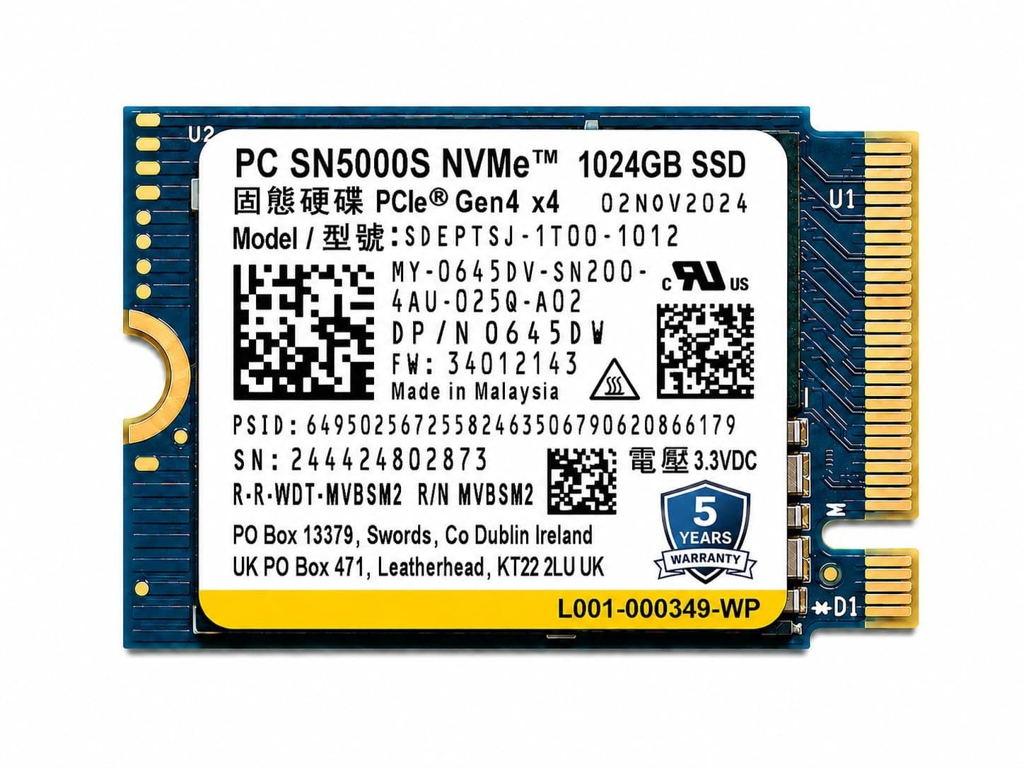 WD BLUE SN5000S | 1TB PCIe Gen4 NVMe | M.2 2230